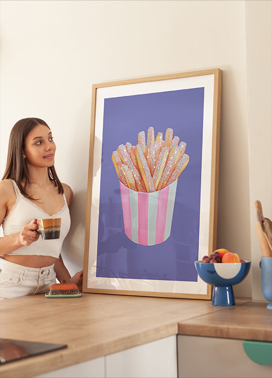Glitter French Fries in Pink Striped Cup - Unique Food Art Plakat - Posterbox