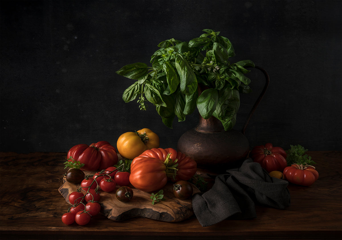Still life with tomatoes and basil Poster