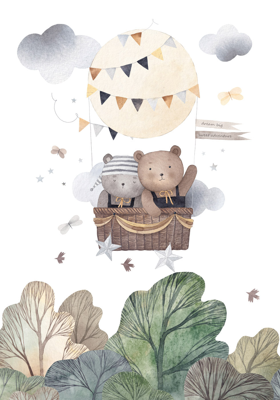Bear Friends In Hot Air Balloon Nursery Poster - Posterbox.no