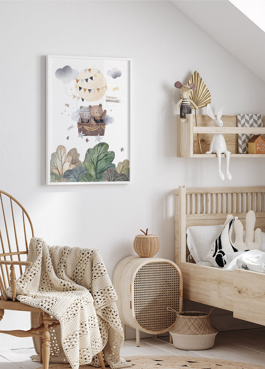 Bear Friends In Hot Air Balloon Nursery Poster - Posterbox.no