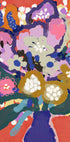 The image is a vibrant and colorful abstract painting featuring a variety of flowers and foliage in a variety of colors, including shades of pink, blue, green, and yellow. The painting is a lively and dynamic composition, with bold brushstrokes and a sense of energy and movement.