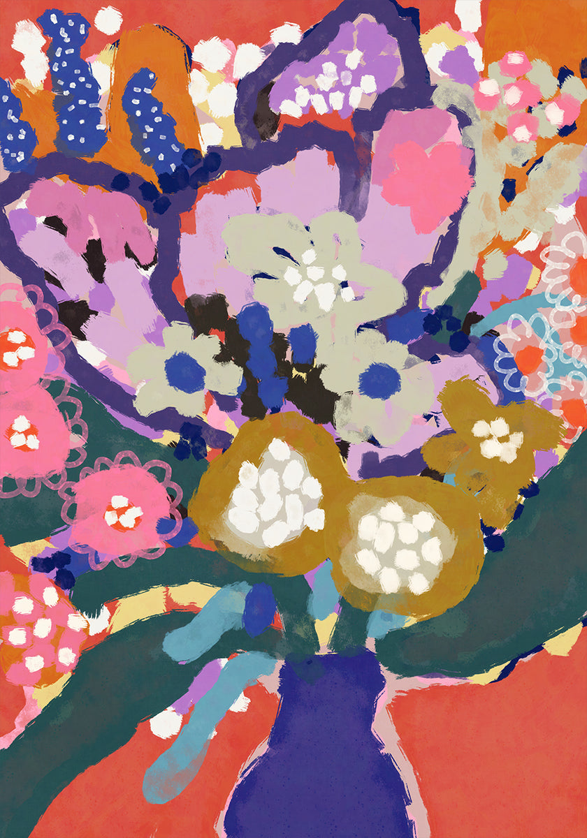 The image is a vibrant and colorful abstract painting featuring a variety of flowers and foliage in a variety of colors, including shades of pink, blue, green, and yellow. The painting is a lively and dynamic composition, with bold brushstrokes and a sense of energy and movement.