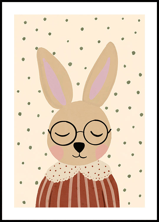 A cartoon rabbit wearing glasses and a striped shirt, with its eyes closed, against a background of green dots.