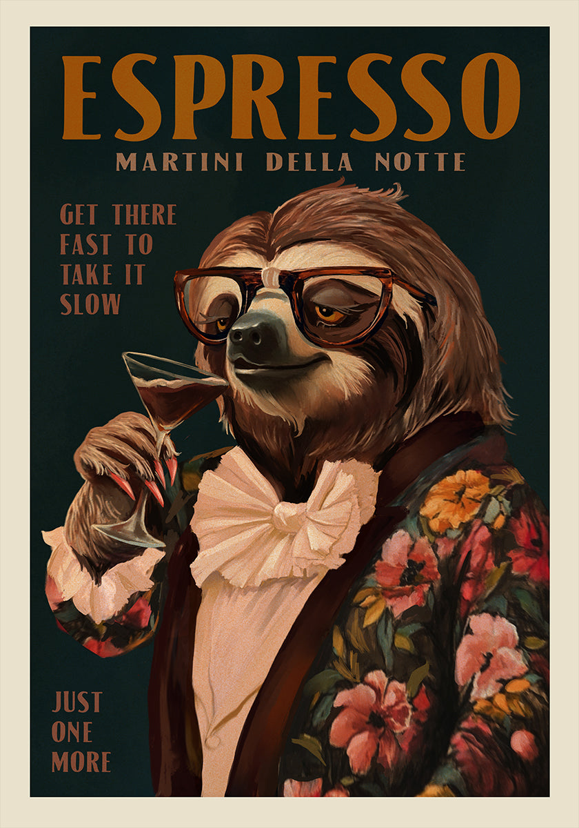 Art Deco Espresso Martini Drinking Sloth (NEW) - Posterbox
