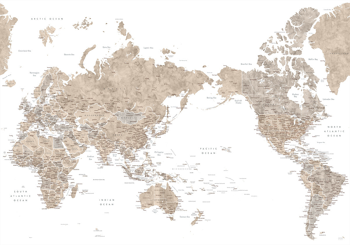 Pacific centered world map in taupe Poster