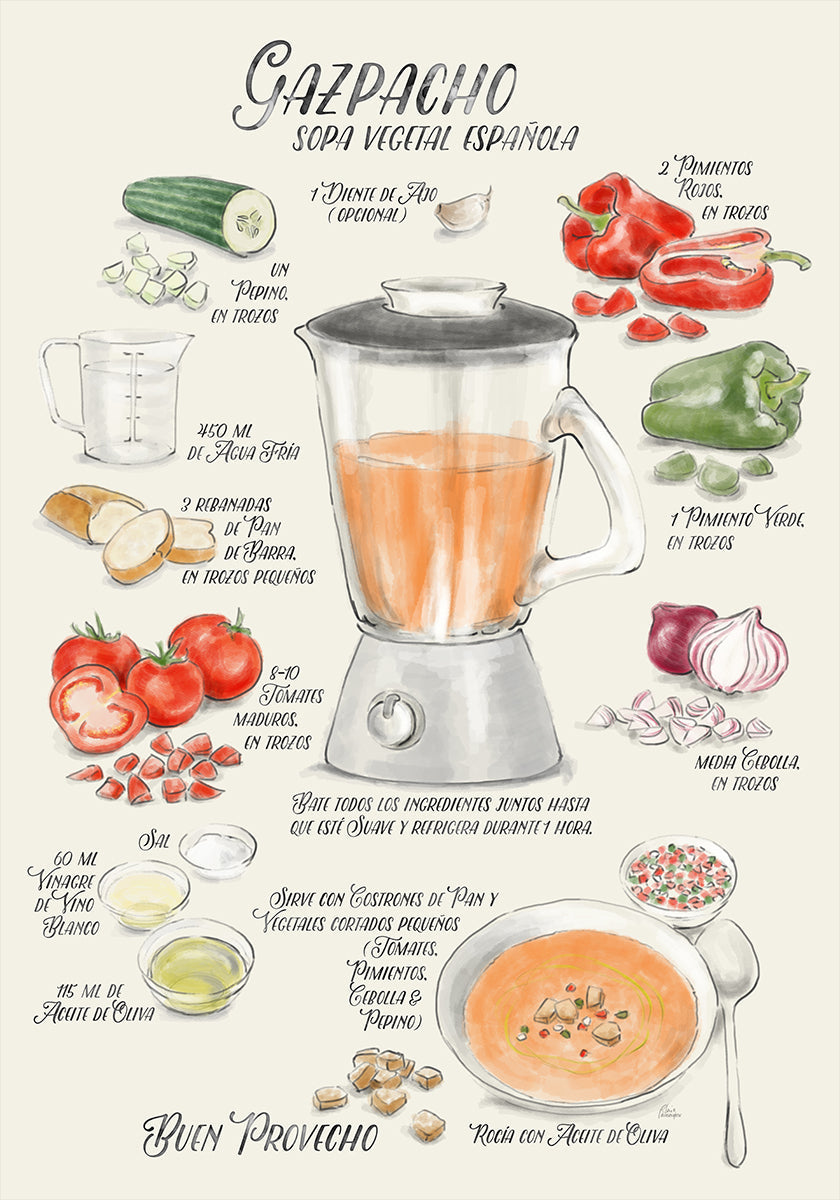 Gazpacho illustrated recipe in Spanish Plakat - Posterbox