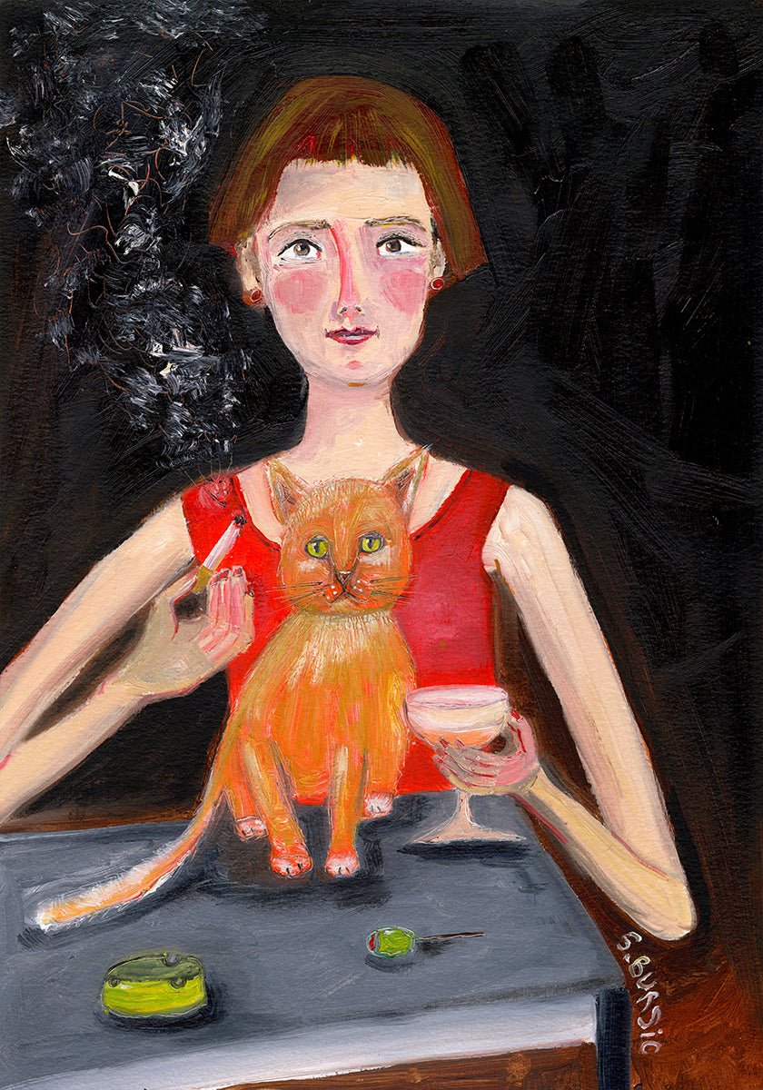Vintage woman with cocktail and cat Poster