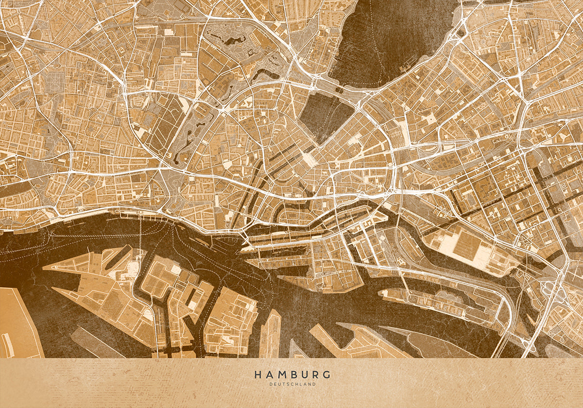 Sepia vintage map of Hamburg downtown Germany Poster