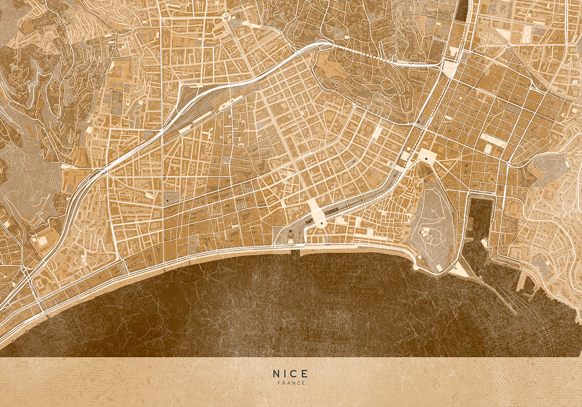 Sepia vintage map of Nice downtown France Poster