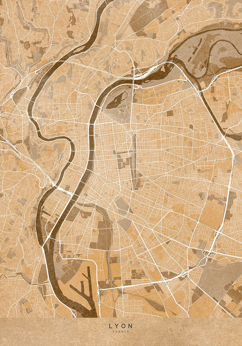 Sepia vintage map of Lyon France Poster