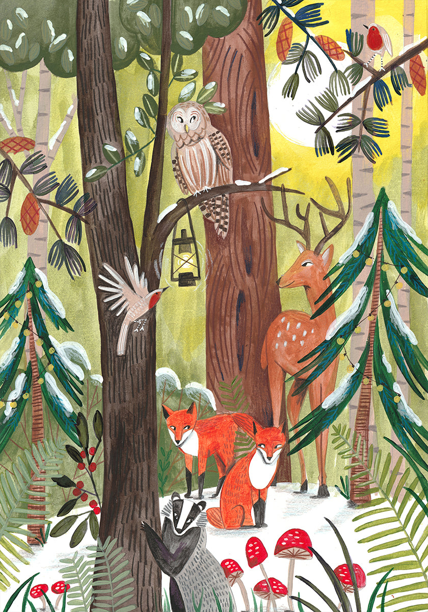 Green Christmas forest with animals Poster