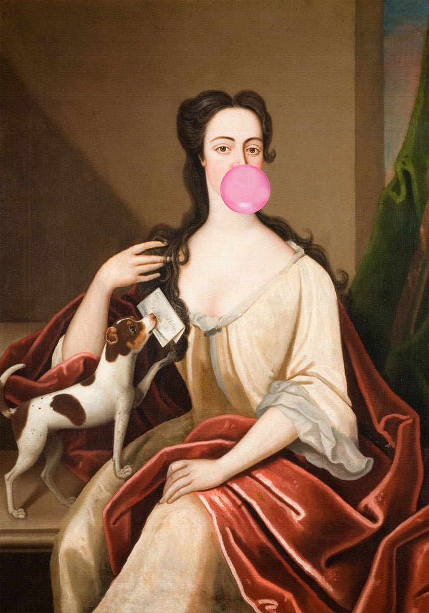 Renaissance Bubble Gum Portrait and Dog / Altered Art Poster