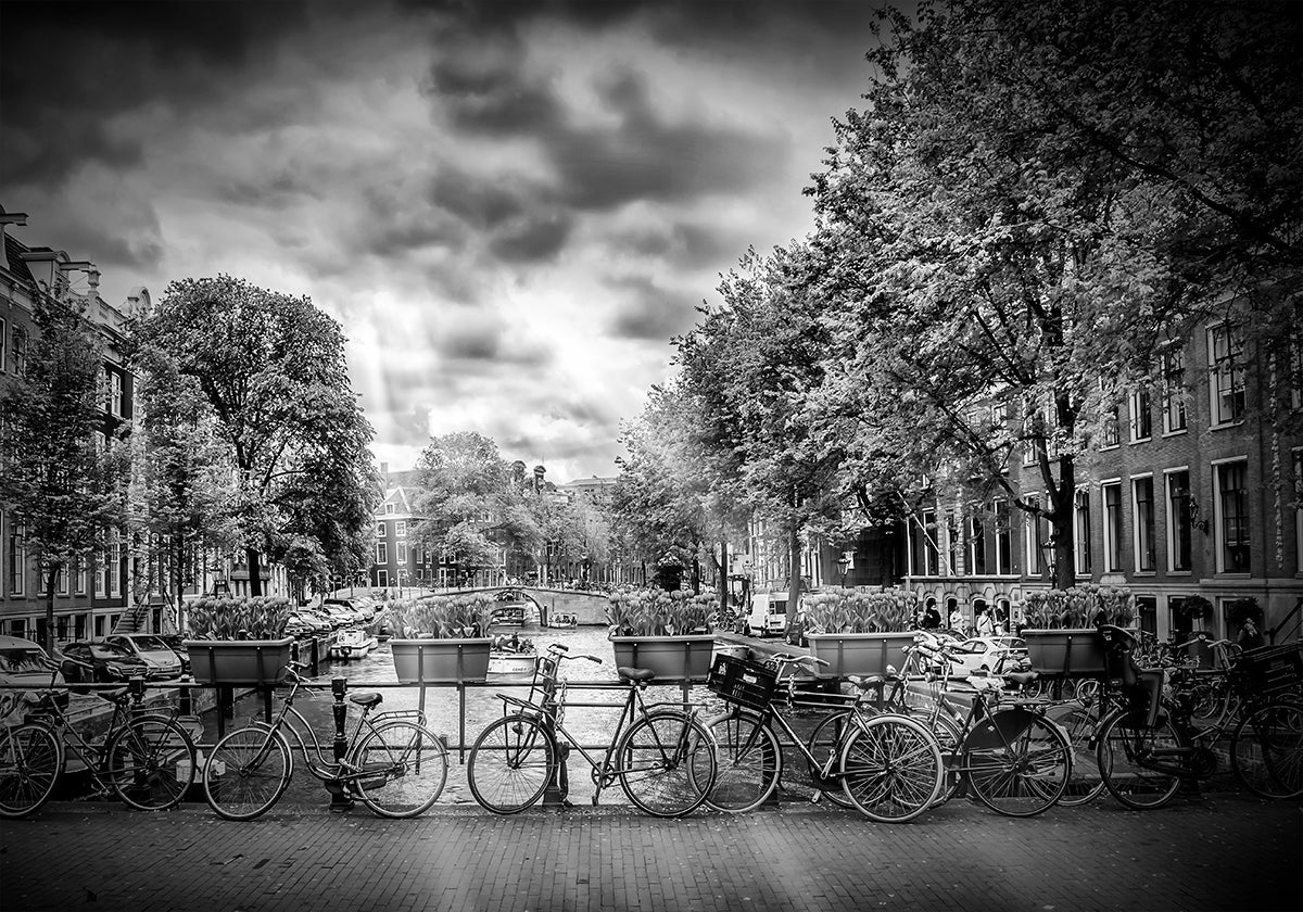 AMSTERDAM Typical Cityscape in monochrome Poster