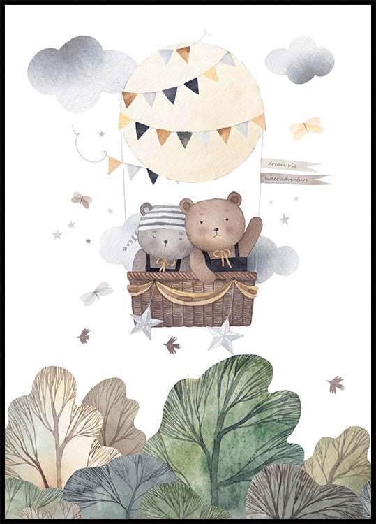 Bear Friends In Hot Air Balloon Nursery Poster - Posterbox.no