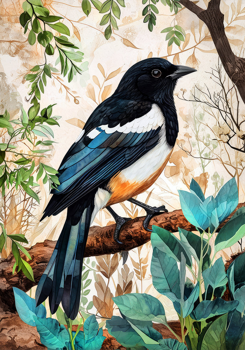 Animal Watercolor Art Bird Magpie Poster