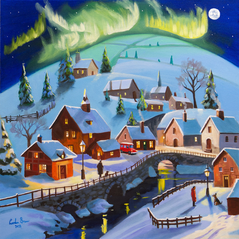 Winter Wonderland Village Under the Northern Lights Poster