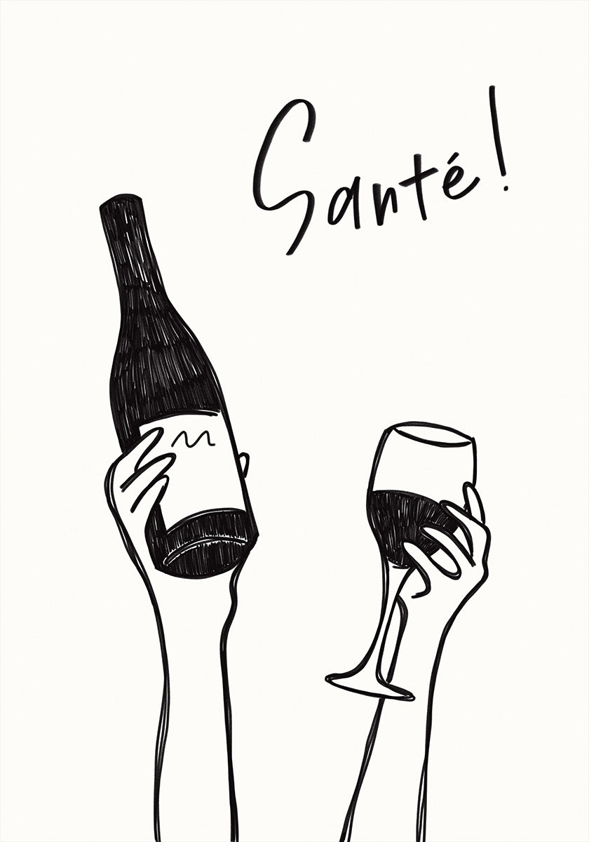 Hands holding a wine bottle and a wine glass with the text "Cheers!" in French Poster