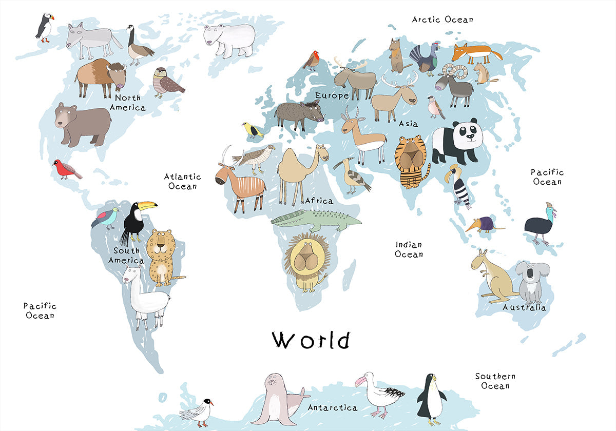 Illustrated Map of the World with Cute Animals Poster