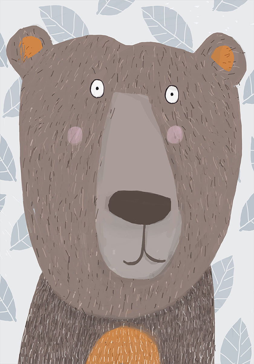 Cute Brown Bear with Gray Leaf Pattern by Artist Carla Poster