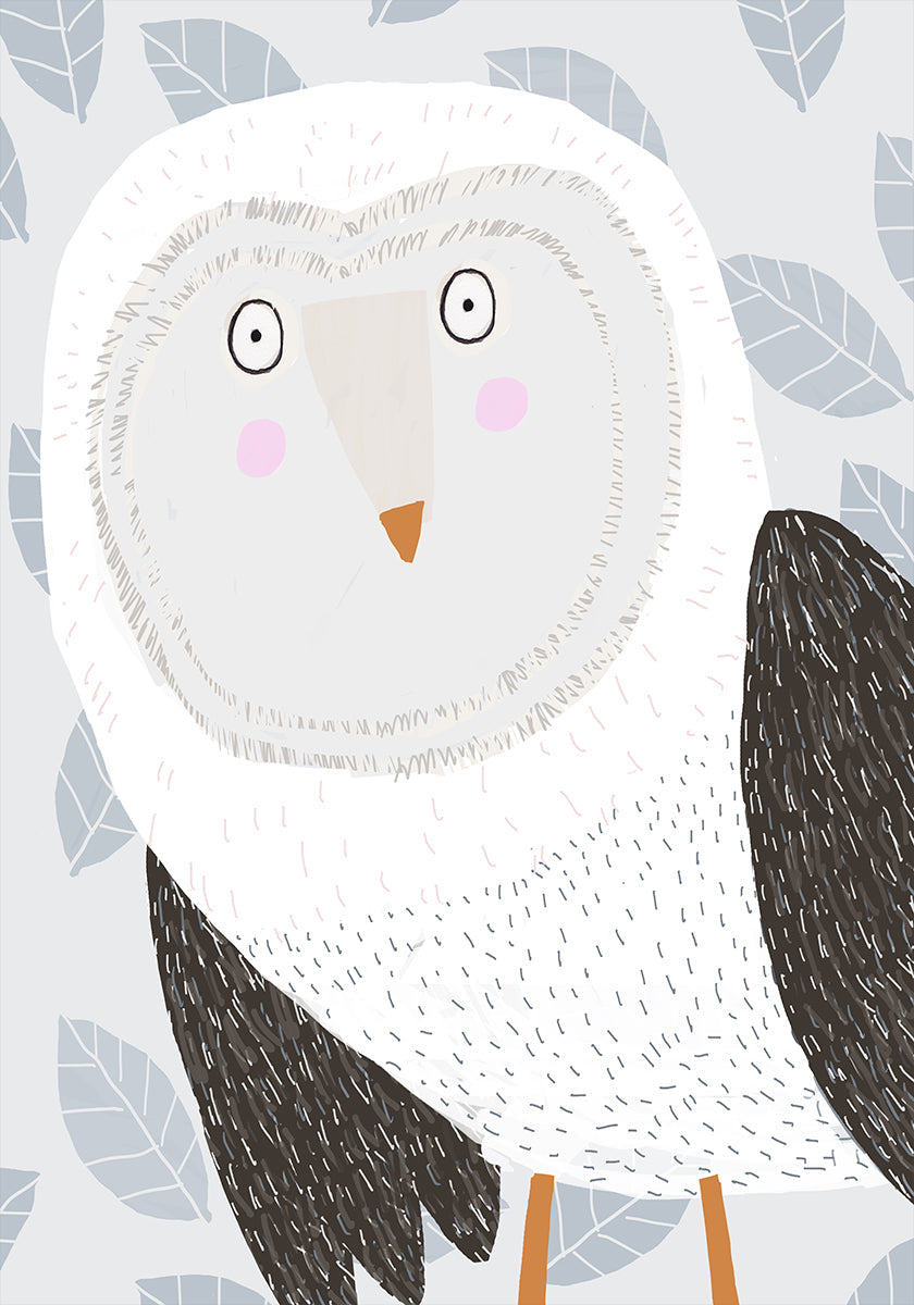 Funny Winter Owl with Gray Leaf Pattern by Artist Carla Daly Poster