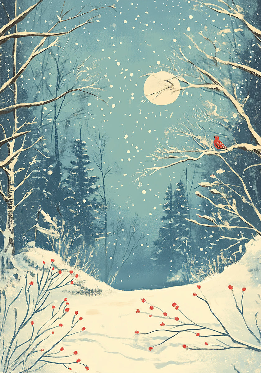Red Bird in Snowy Forest Poster