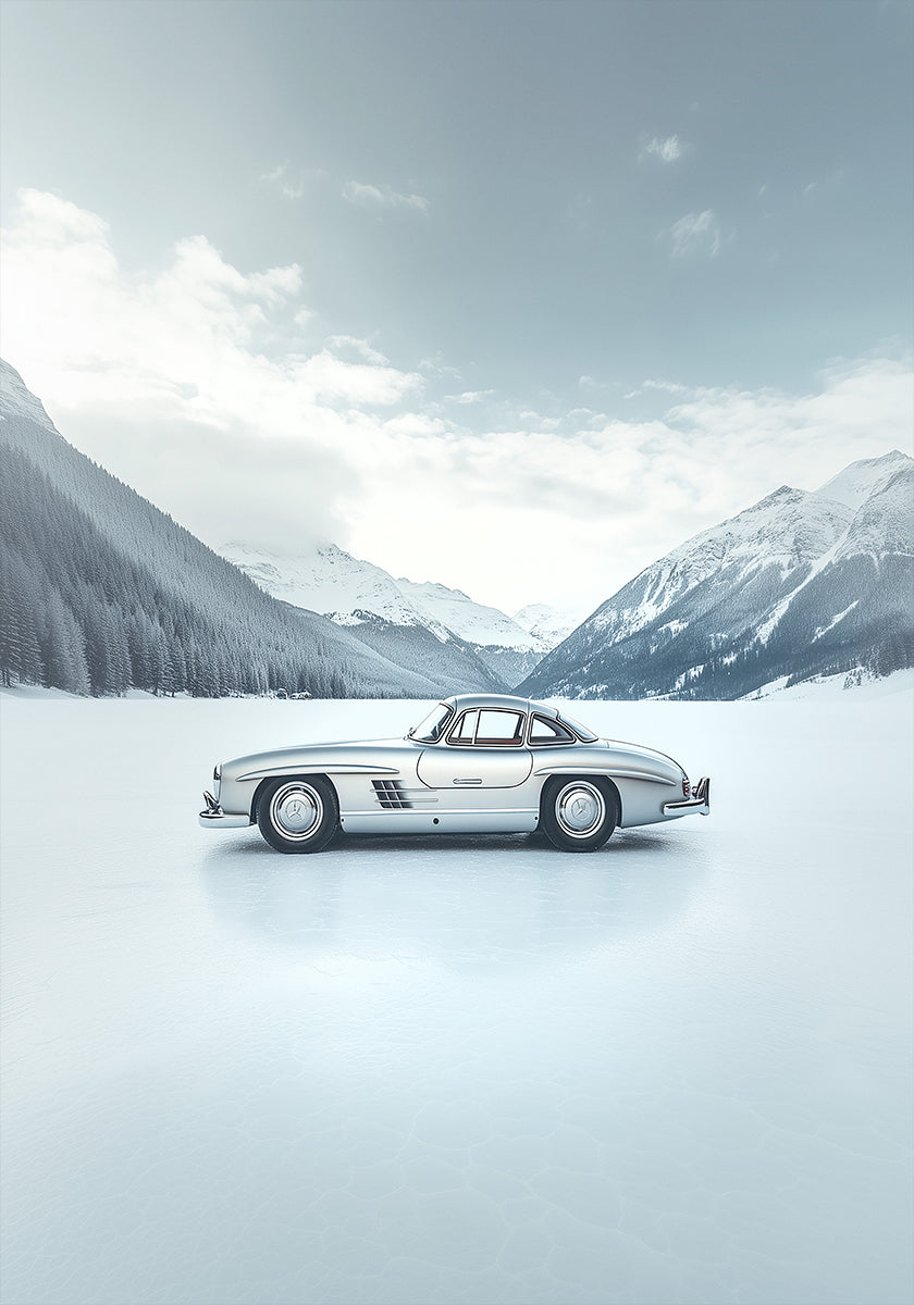 Retro Silver Car On Frozen Lake Side Poster