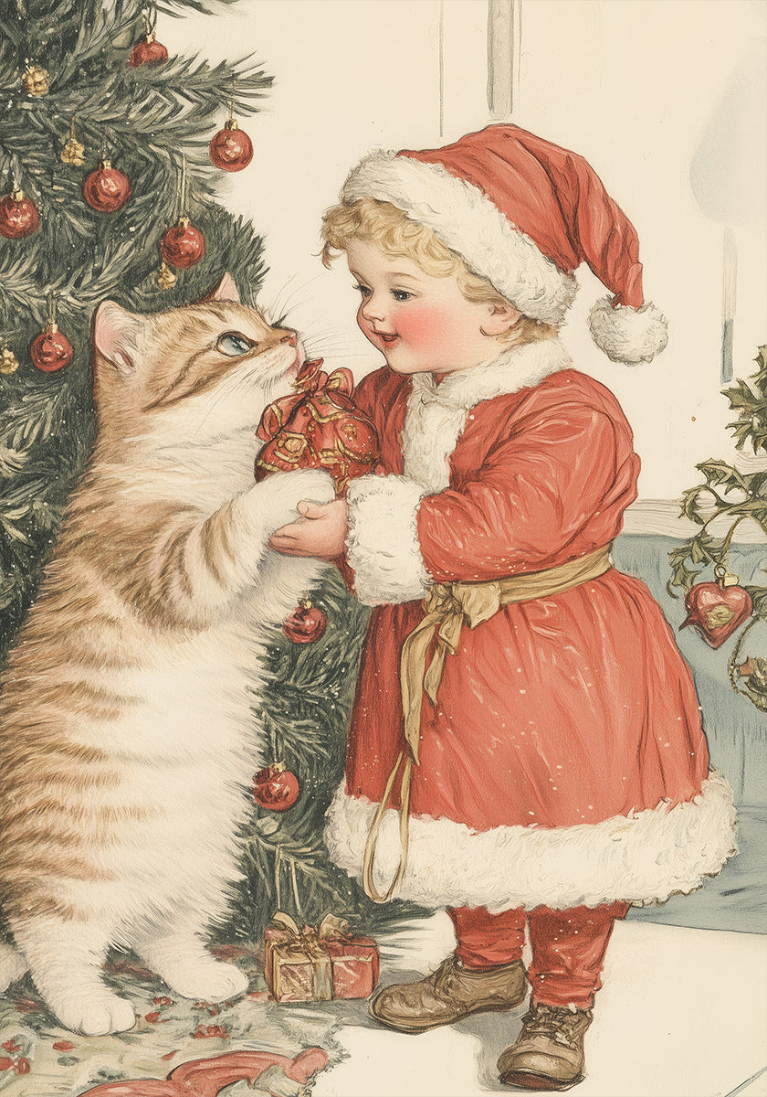 Christmas Kid and Cat Poster