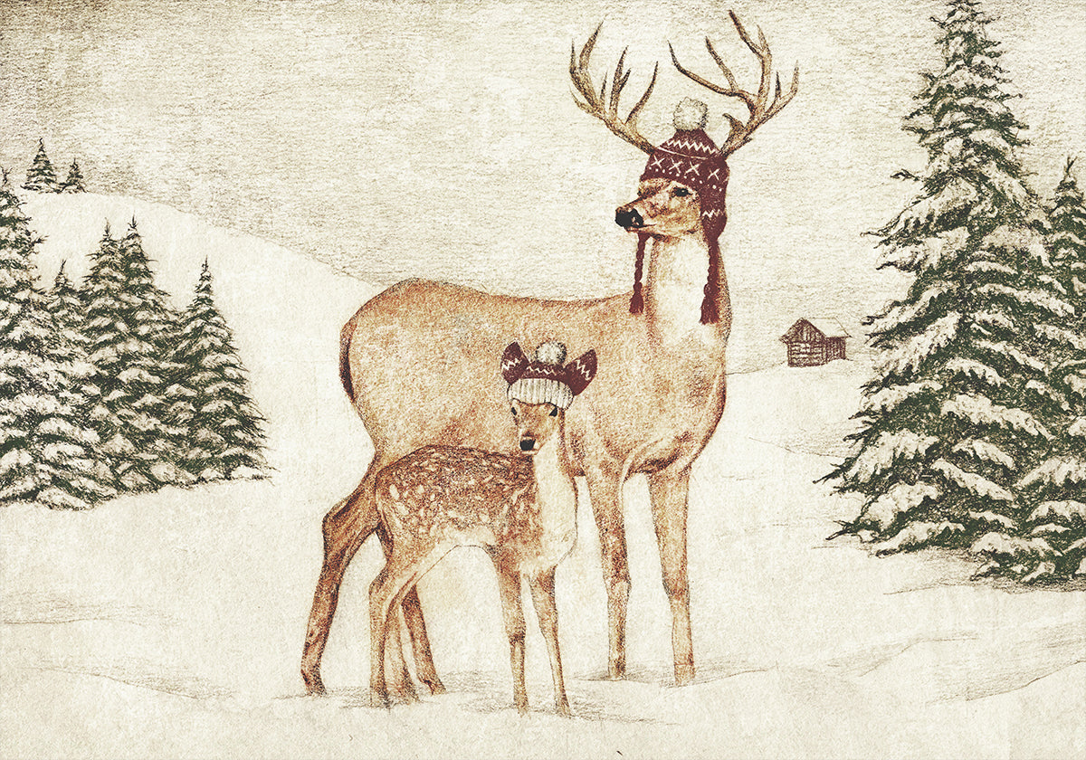 Deer Wearing Cozy Hats Poster
