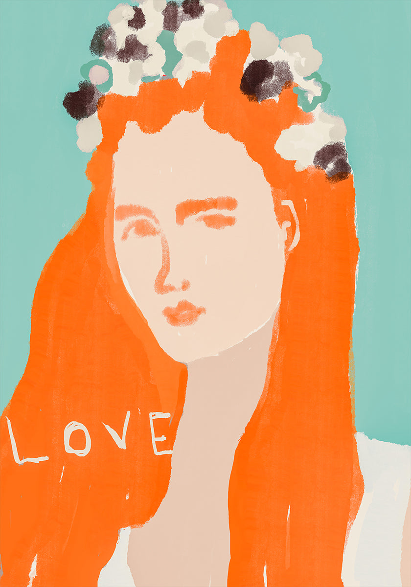 Woman with Orange Hair Adorned with Flowers Poster