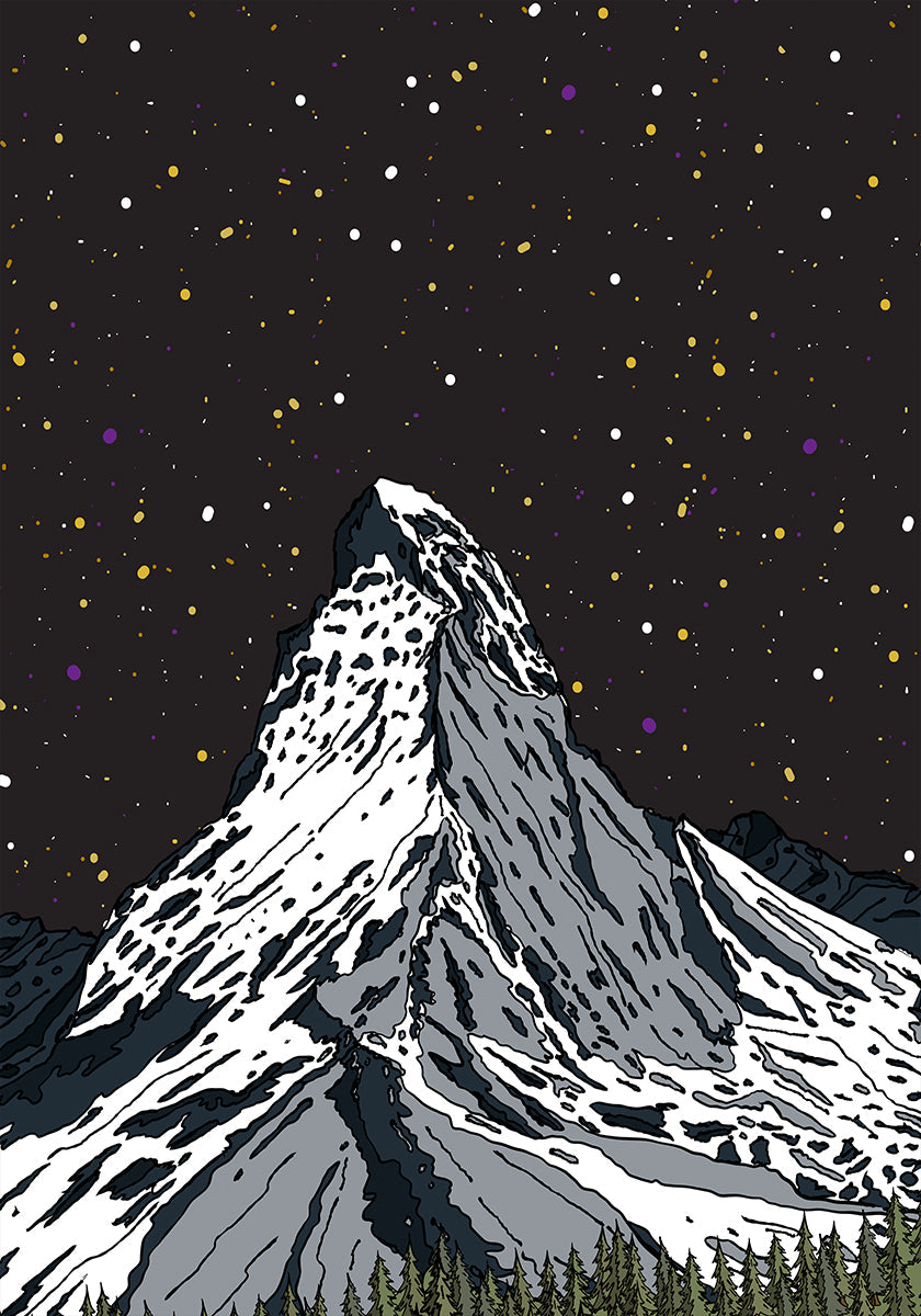 Snowy Mountain Under a Starry Night Sky Poster