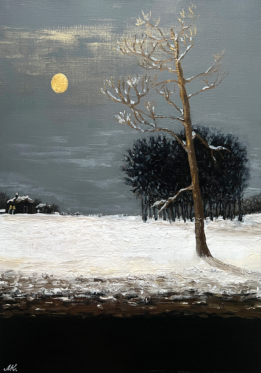On the Outskirts of a Snowy Evening Forest Painting – Moonlit Winter Landscape Art for Home, Office or Gift Interior Poster