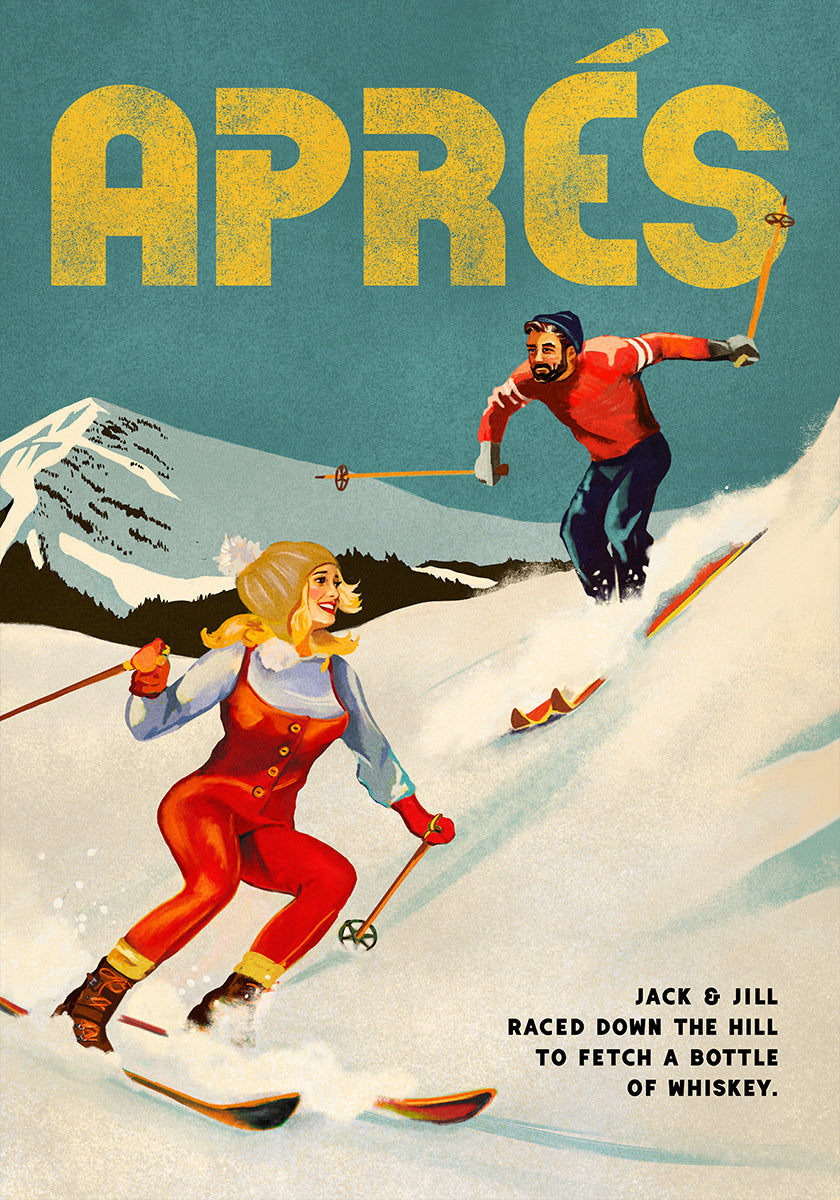 Vintage Pin Up Apres Whiskey Ski Couple Poster