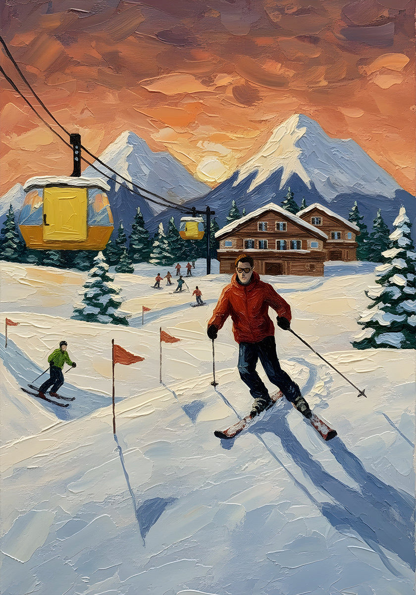 Skiing at sunset Poster