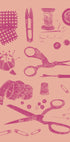 various sewing and crafting tools and supplies, including scissors, pins, needles, thread, buttons, and a spool of thread, all depicted in a pink and white color scheme.