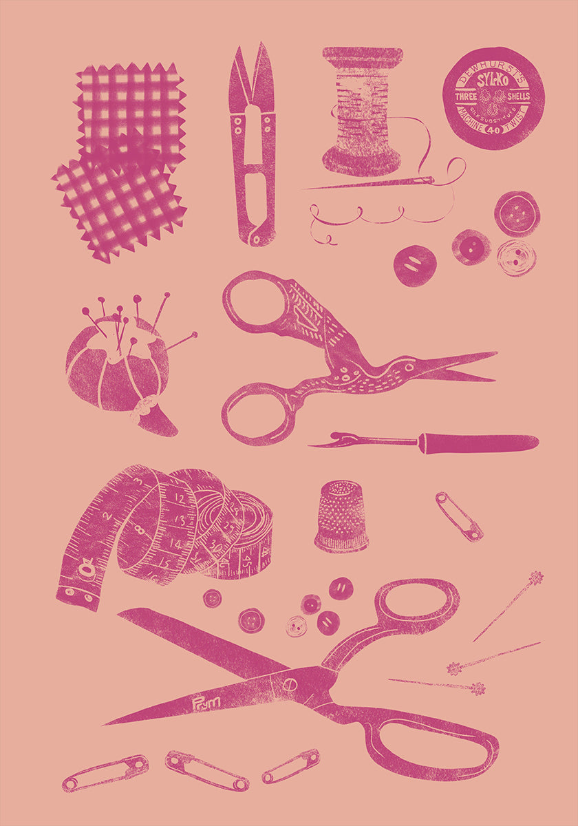 various sewing and crafting tools and supplies, including scissors, pins, needles, thread, buttons, and a spool of thread, all depicted in a pink and white color scheme.