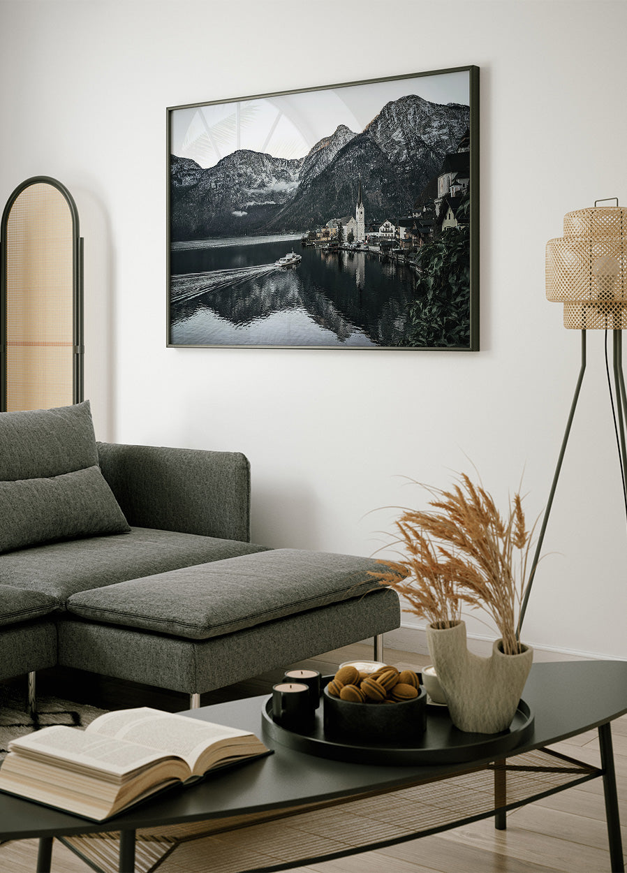 A Boat In The River Along The Hallstatt Poster - Posterbox.dk