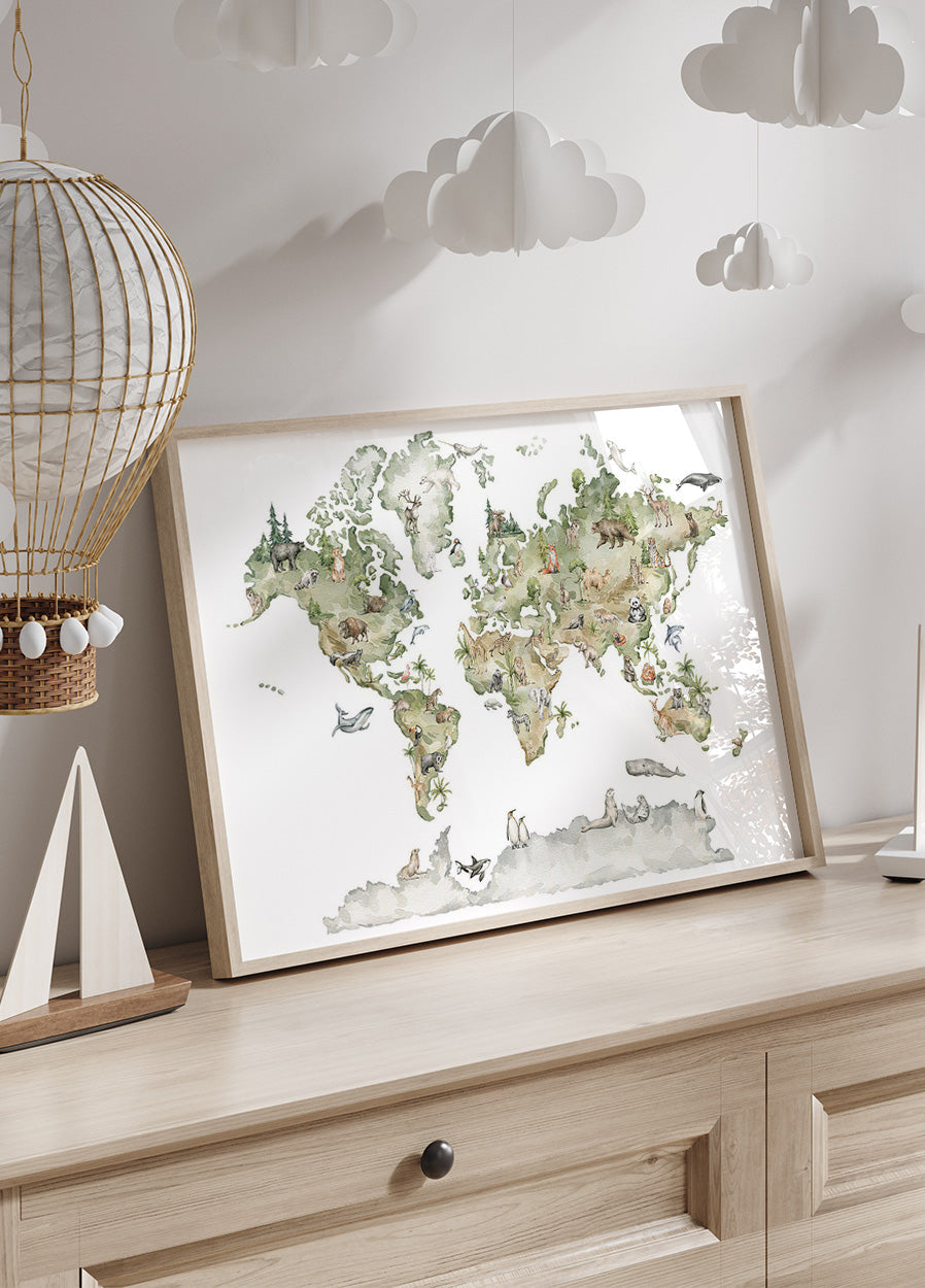 Animal World Map Poster - Posterbox.dk