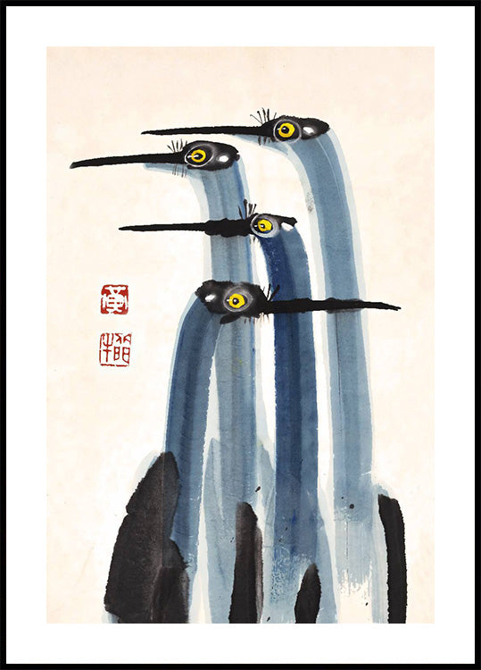 Antique Crane Watercolor Painting Poster - Posterbox.dk