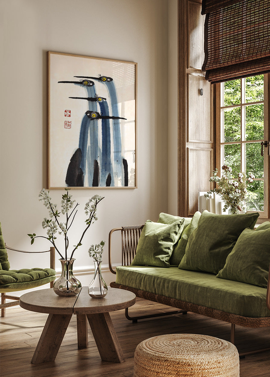 Antique Crane Watercolor Painting Poster - Posterbox.dk