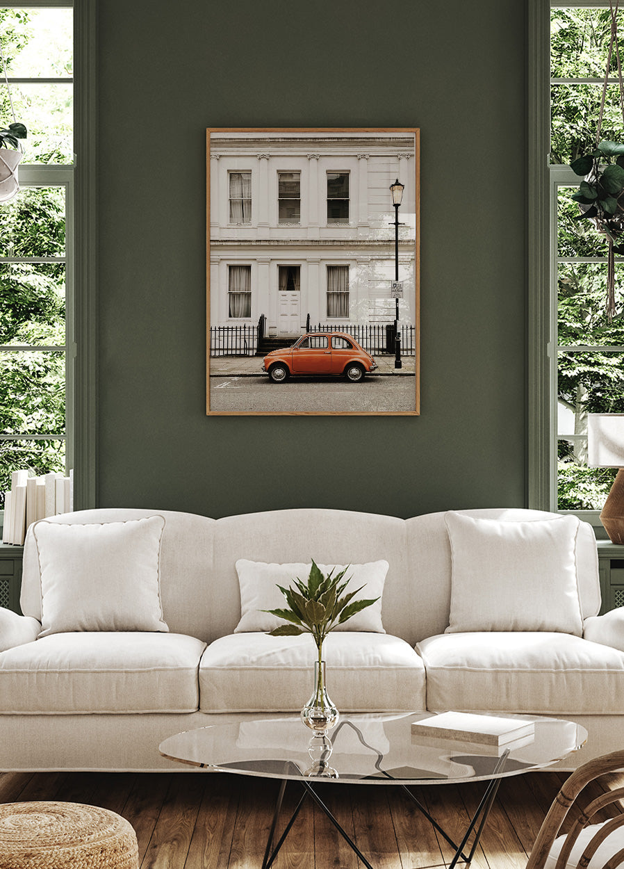 Charming Urban Scene with Orange Car Poster - Posterbox.dk