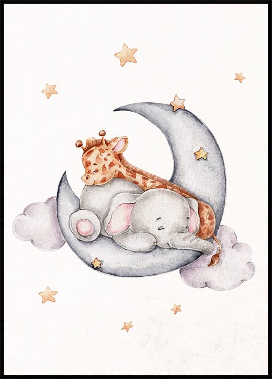 Baby Elephant & Giraffe Sleeping on the Cloud Poster - Posterbox.dk