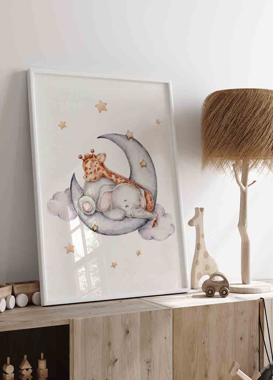Baby Elephant & Giraffe Sleeping on the Cloud Poster - Posterbox.dk