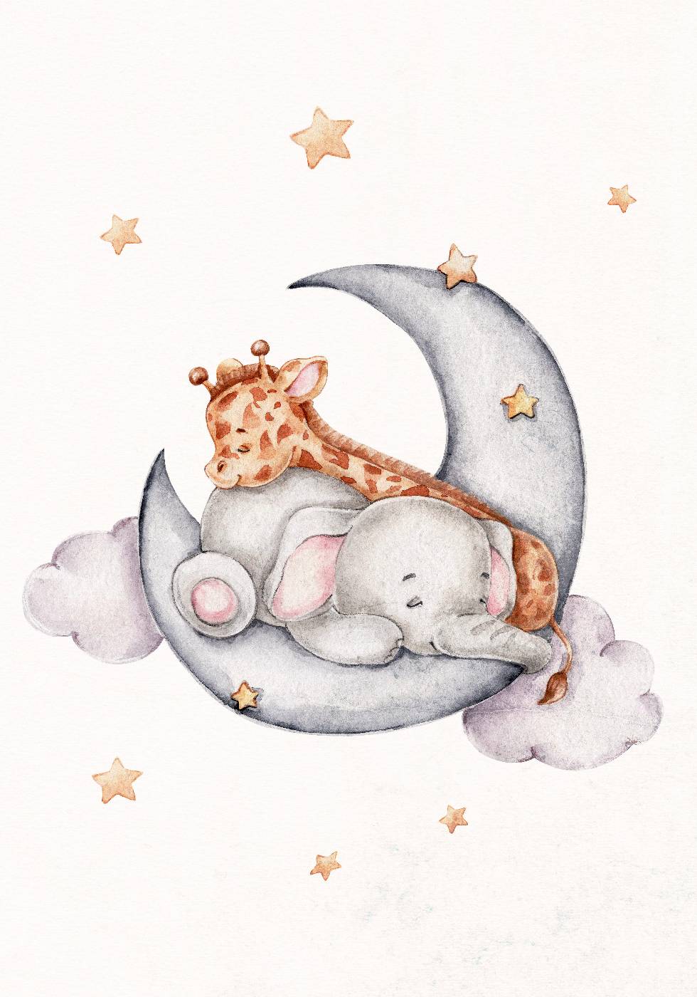 Baby Elephant & Giraffe Sleeping on the Cloud Poster - Posterbox.dk