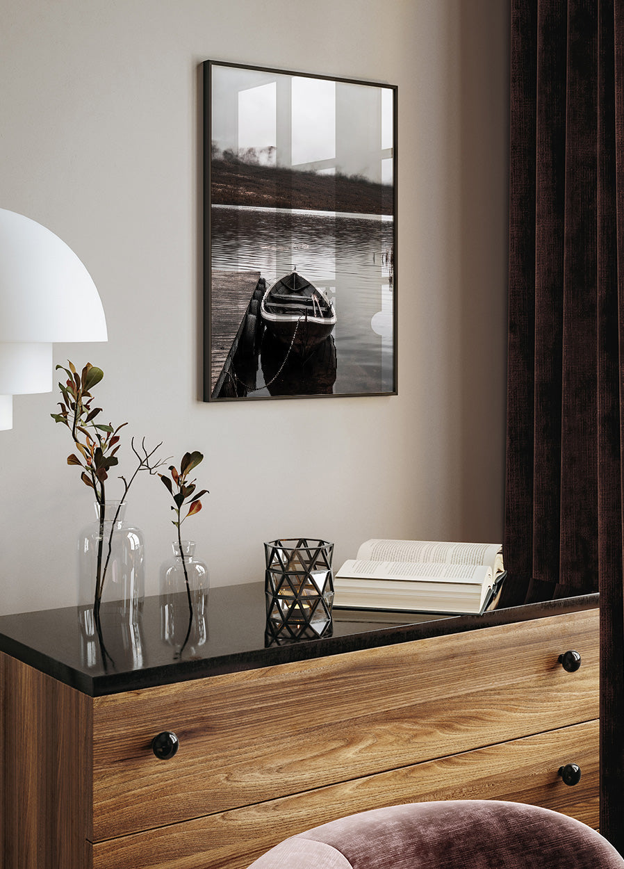 Boat In A Lake Near The Mountains Poster - Posterbox.dk