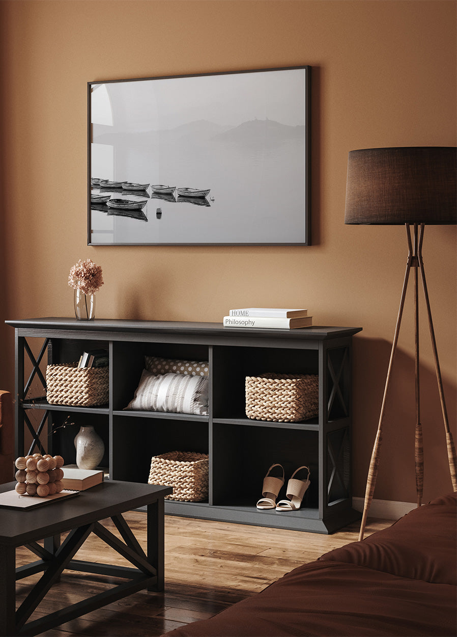 Boats In A Foggy Lake Poster - Posterbox.dk