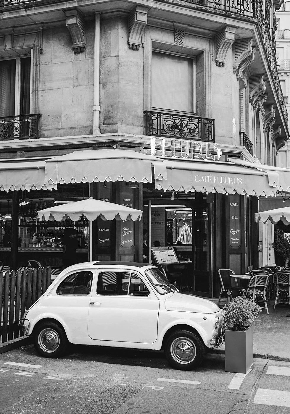 Parisian Café and Fiat 500 Poster