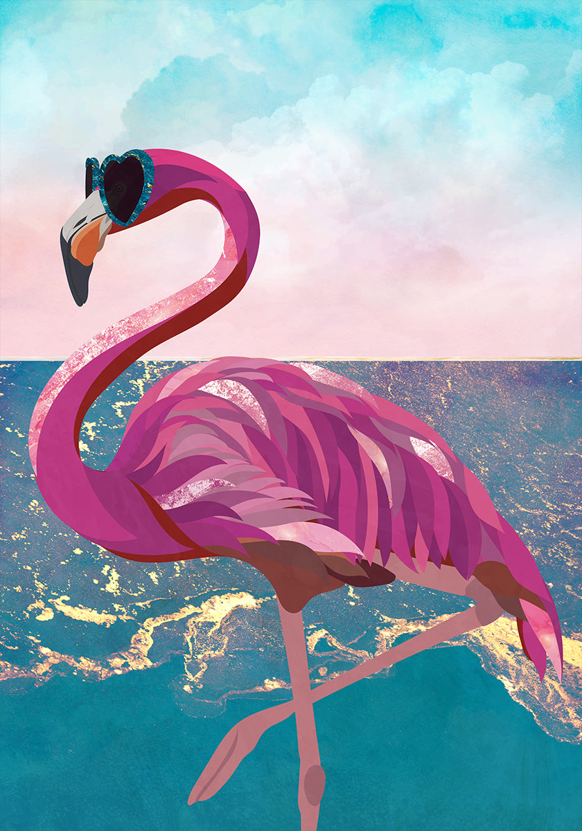 Flamingo goes to the beach Poster