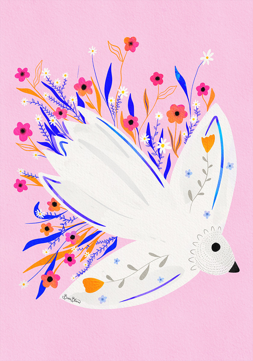 Bird in Flowers Pink illustration Poster