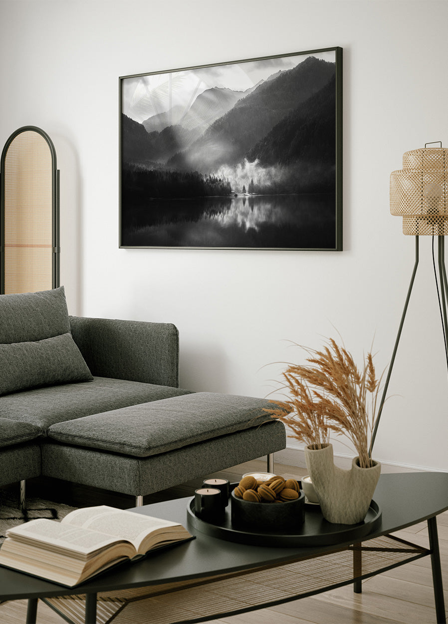 Foggy Shore of A Mountain Lake Poster - Posterbox.dk