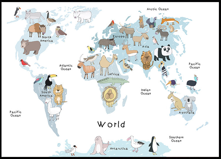 Illustrated Map of the World with Cute Animals Poster